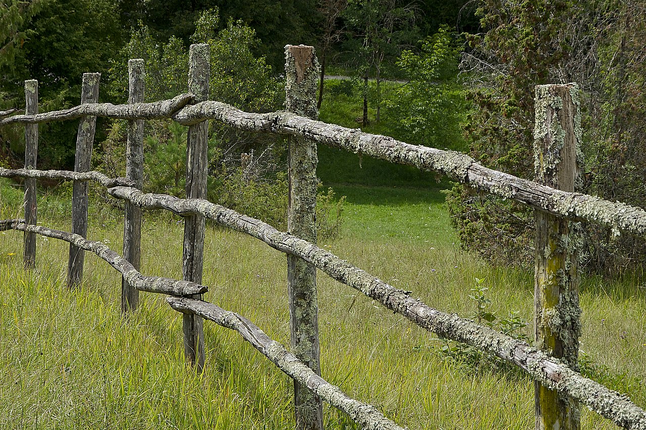 Clôture rurale en bois composée de poteaux et de traverses horizontales, laissant passer les vues