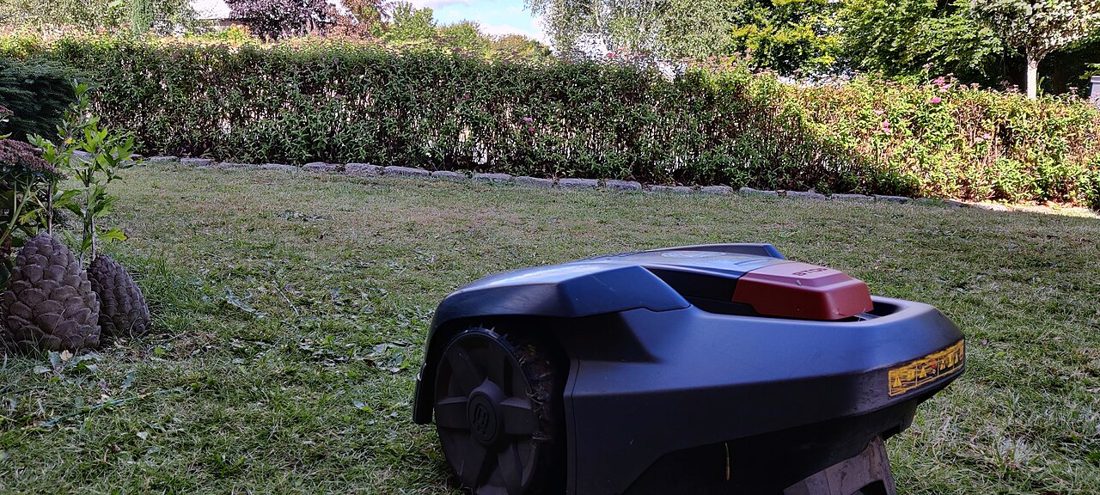 Robot tondeuse Husqvarna posé sur une pelouse, près d'une bordure de jardin